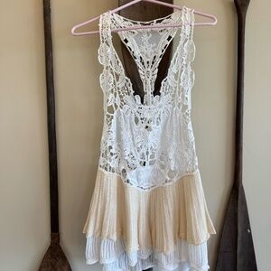 Free People White/Ivory tiered tunic with crochet detail